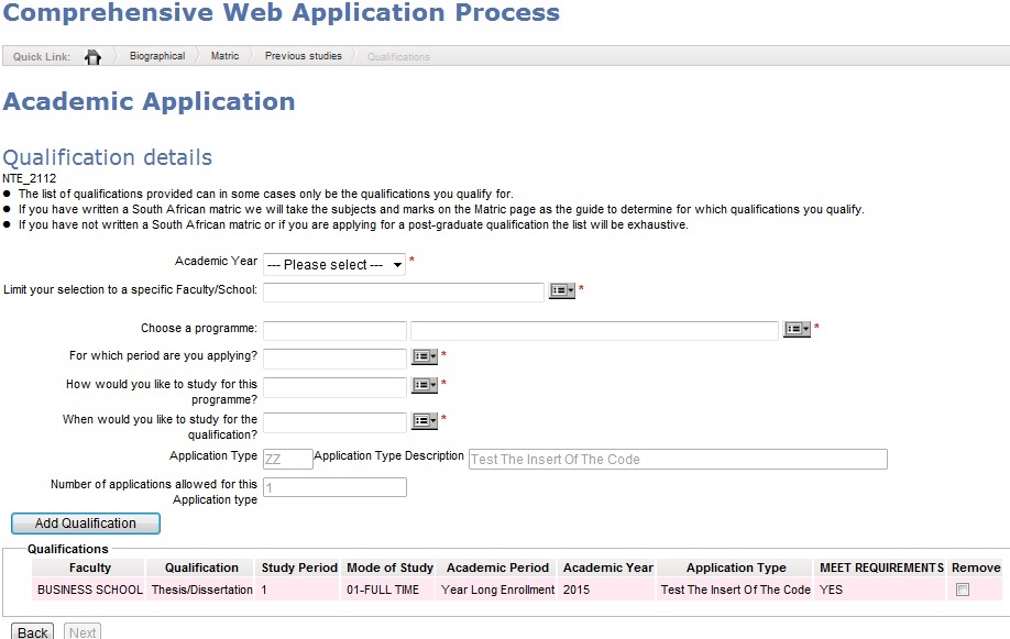 Example of Academic Application Page