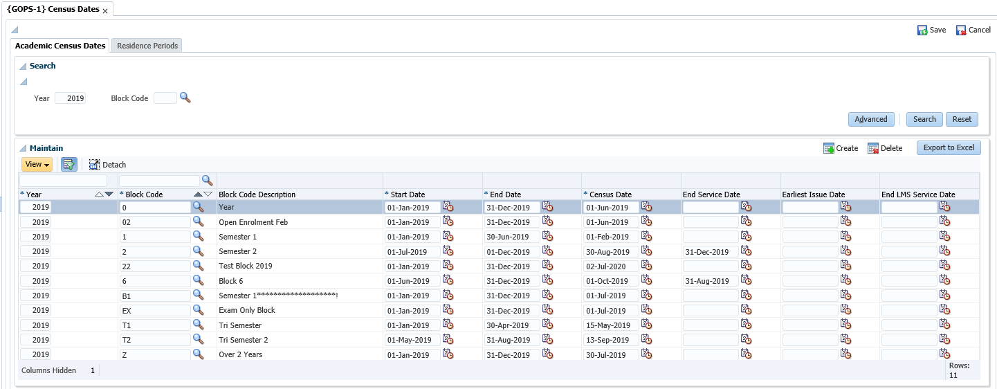 Example of Academic Census Dates