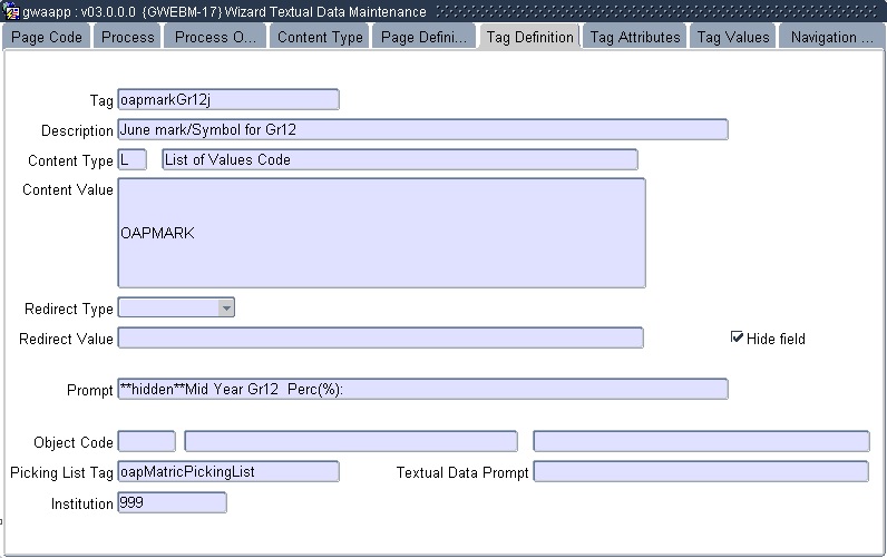 Example of Tag Definition Screen