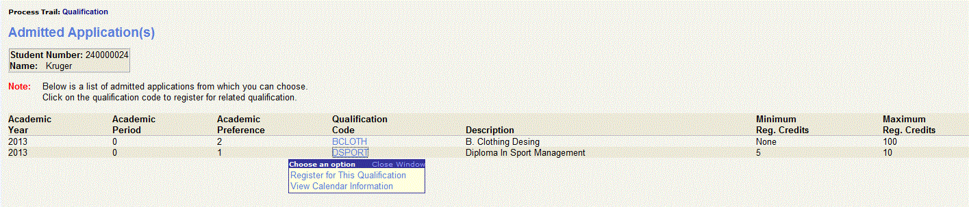 Example of an admitted application