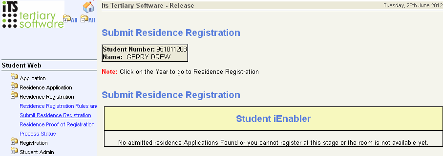 Res Reg no admission
