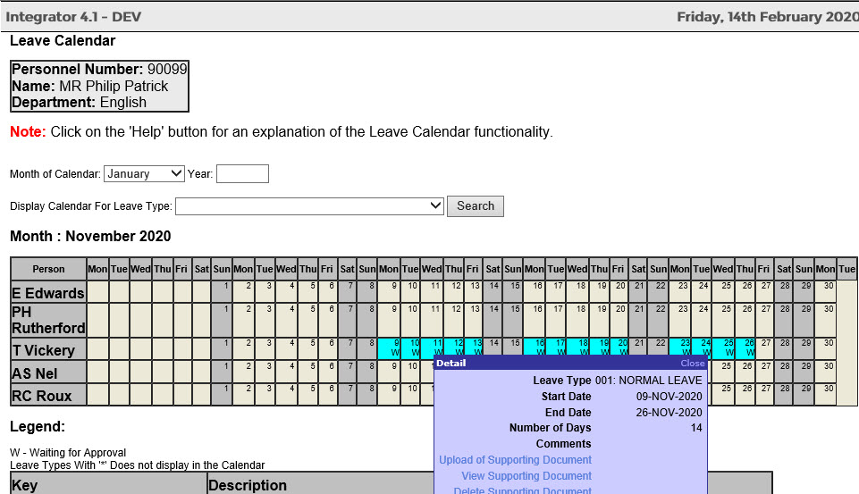 Leave Calendar of Employees