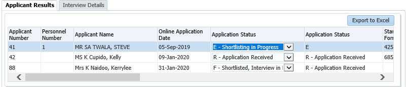Applicant Details Search Results and  Maintenance