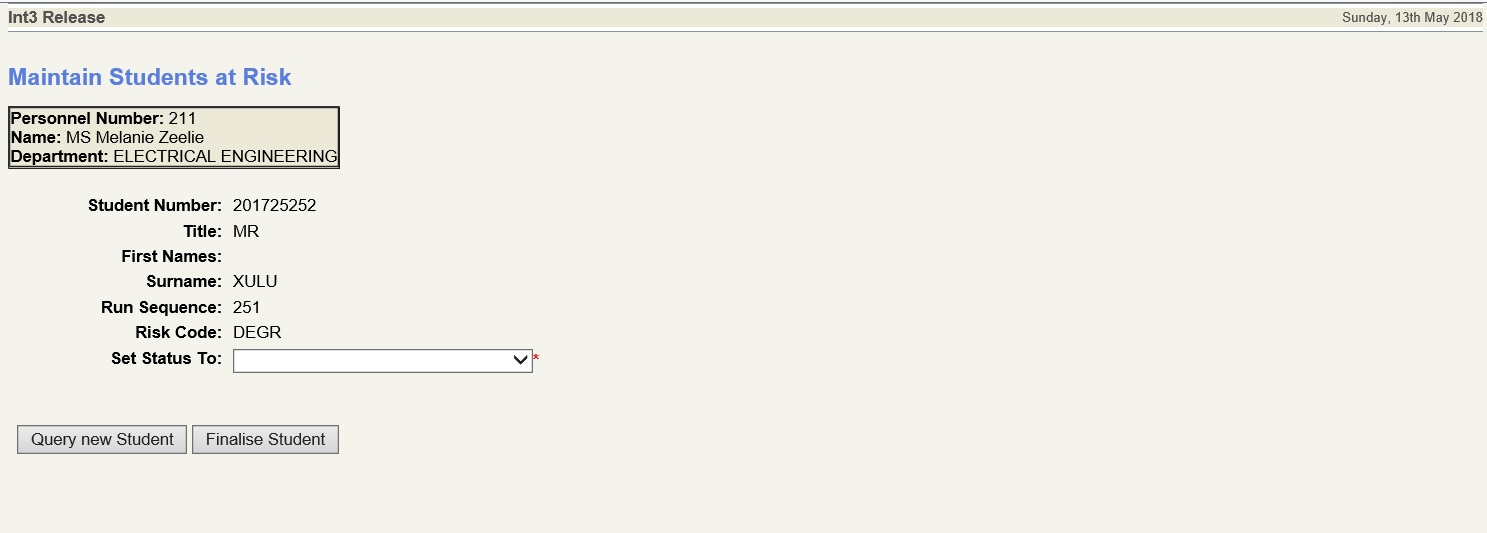 Popup for finalising student at risk