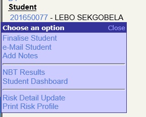 pop up for actions on individual students