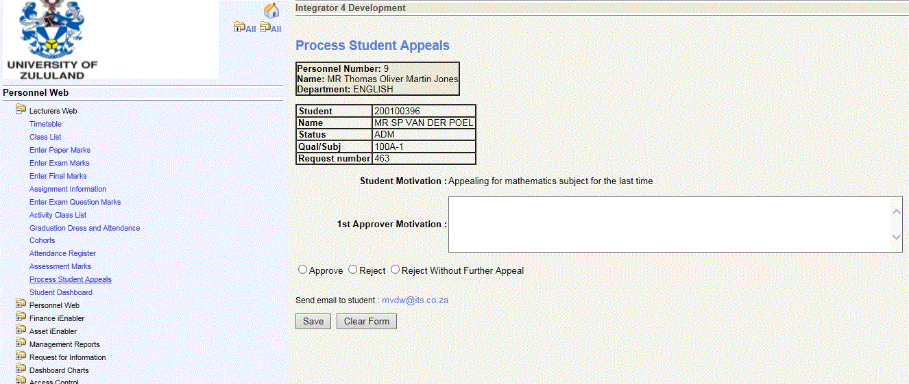 lecturer appeal iEnabler screen