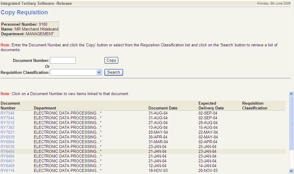 Copy Requisition - Entry Screen + Requisition List