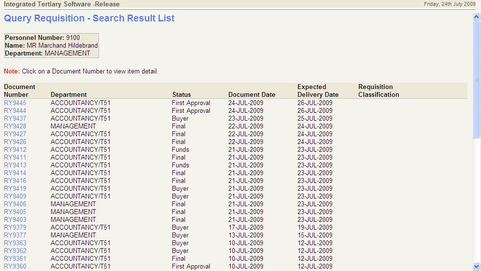 Query Requisition - Search Result List