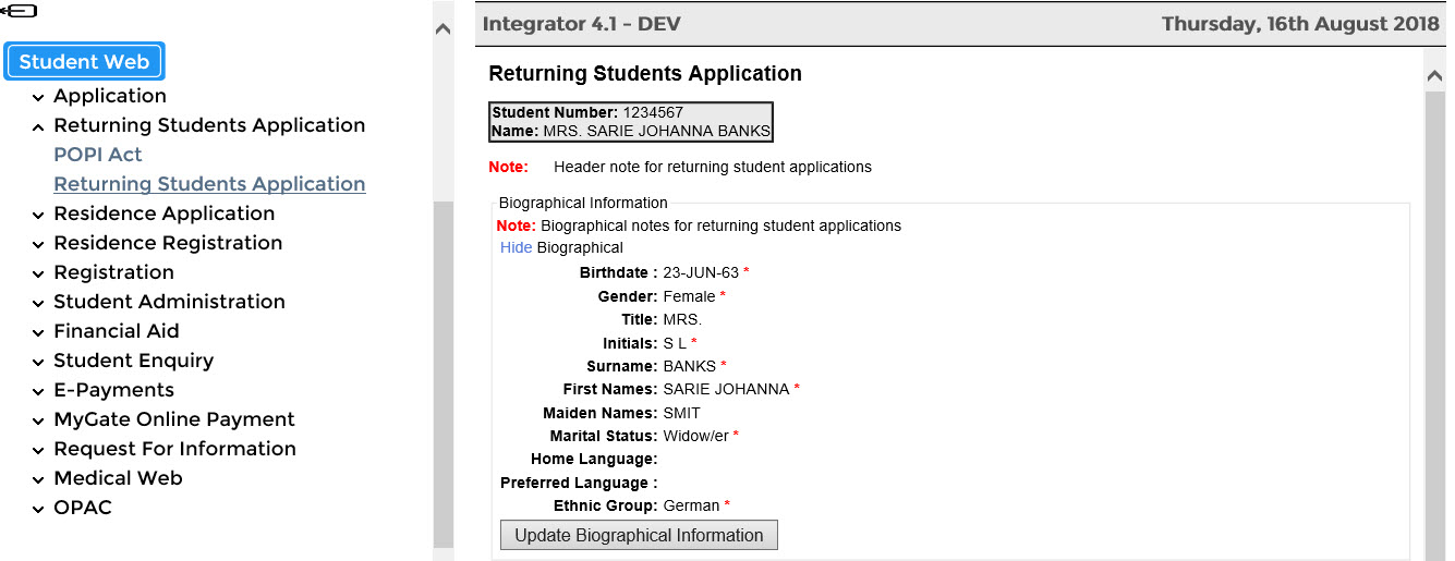 Biographical Information View Screen