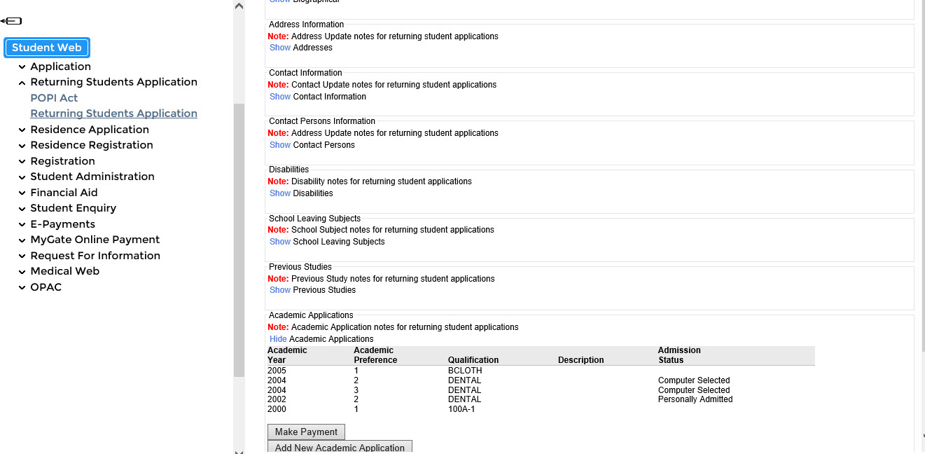 View Academic Applications