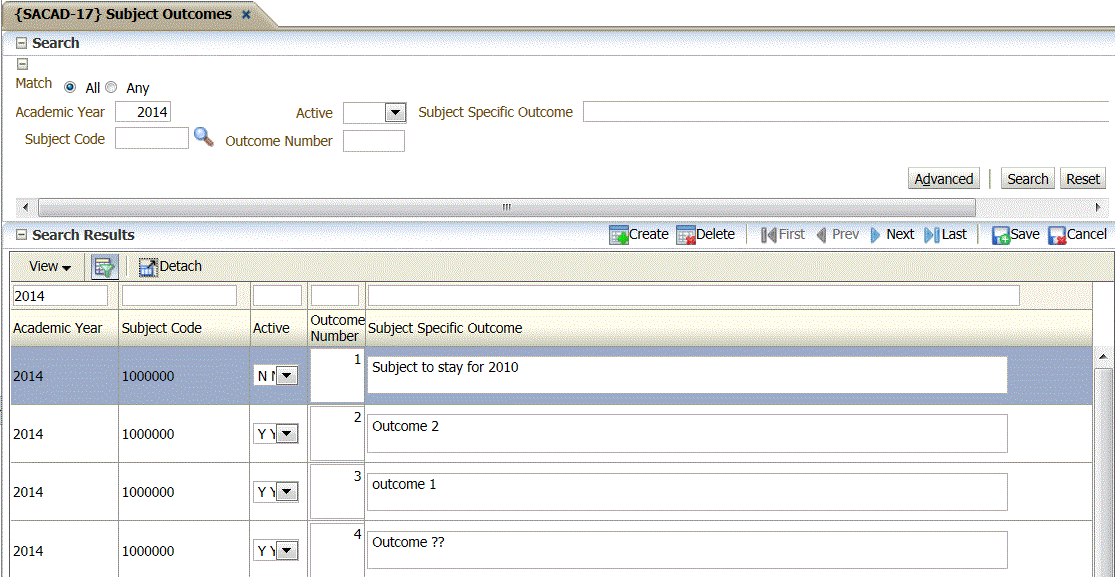 Example of Subject Outcomes