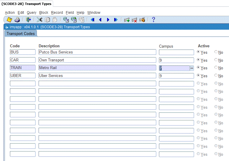 Example of Transport Type Screen