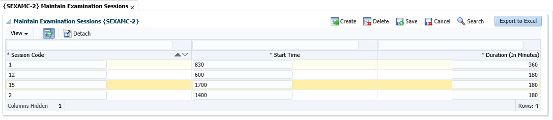 Example of Examination Sessions