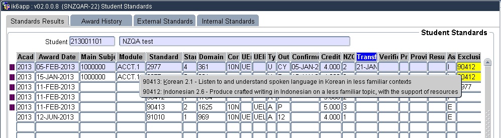 snzqar-22 standards result, student standards,excl