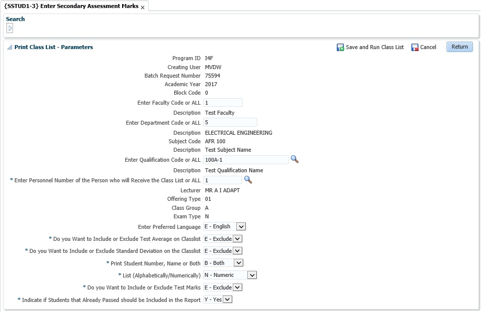 Example of Enter Secondary Test Marks