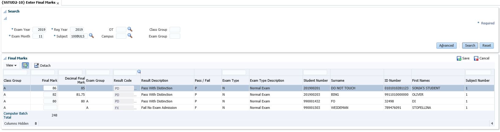Example of Primary Final Mark Entry - Student Details