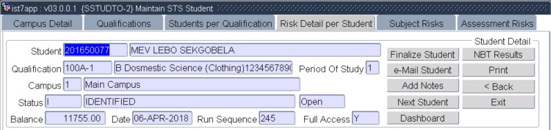 master record of student at risk