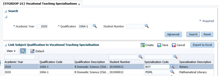 Major Specialisation Codes