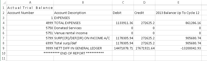Trial Balance in Excel - One Year Only