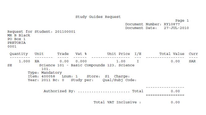 Study Guide Request Report
