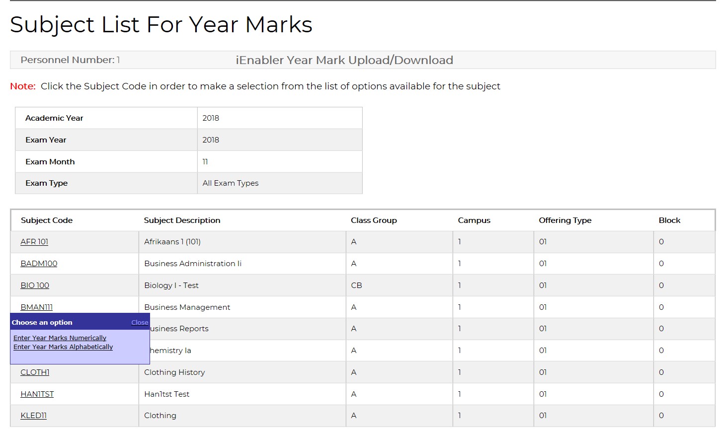 Subject List for Year Marks