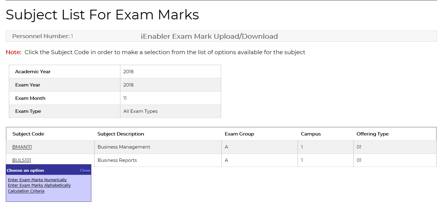 Subject List for Exam Marks