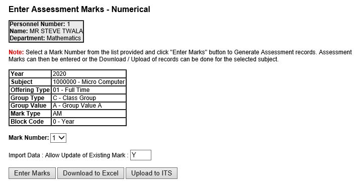 Enter Assessment Marks Numercially