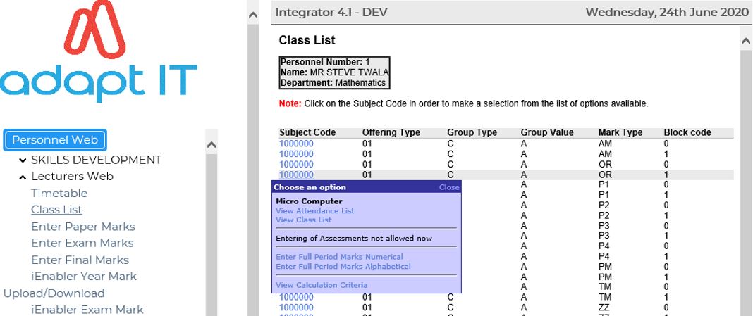 Class List 1st Screen