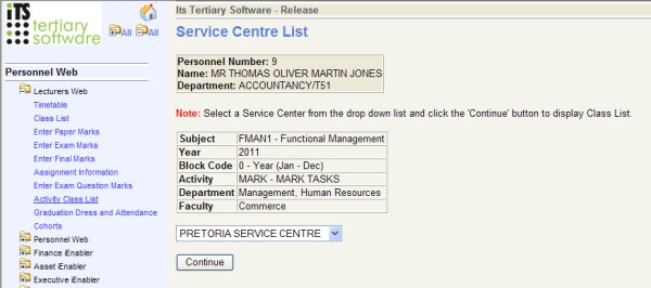 example of service centre list screen