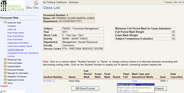 example of class list screen