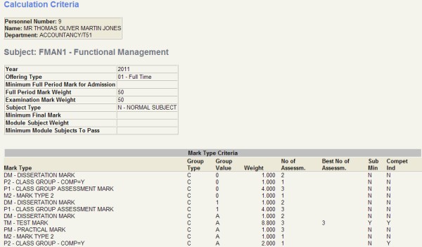 example of calculation criteria screen