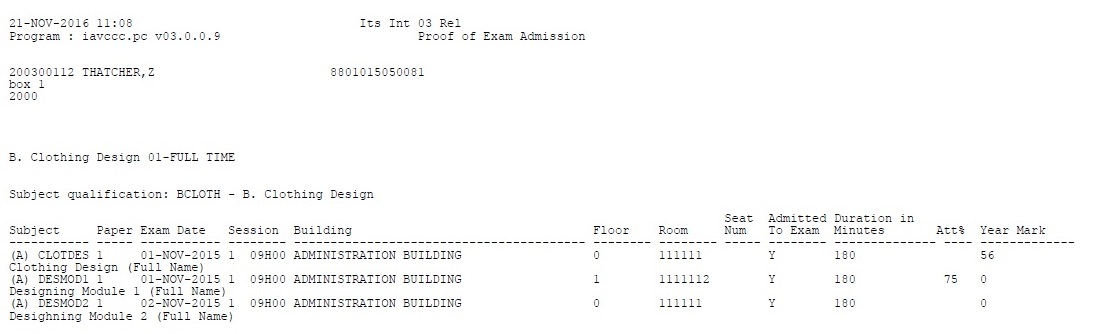 Example of Proof of Exam Admission