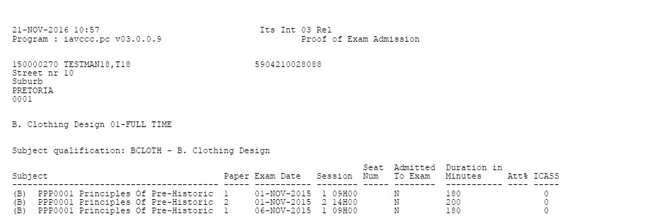 Example of Proof of Exam Admission