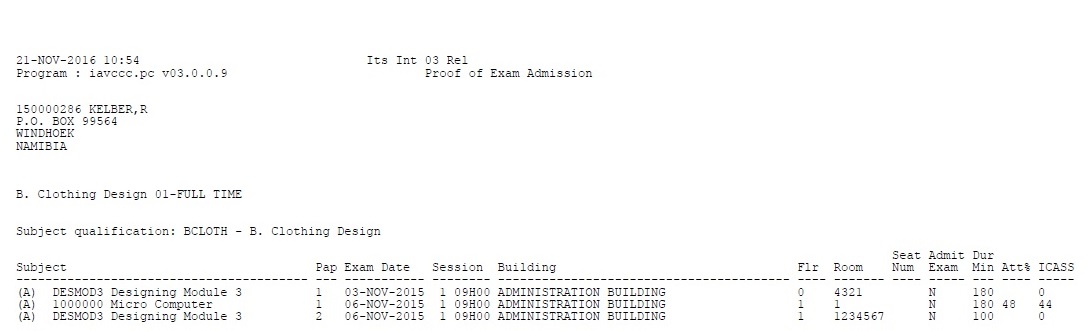 Example of Proof of Exam Admission
