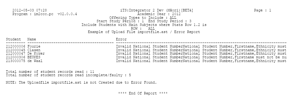 Example of the report output from {SREGMS-11}