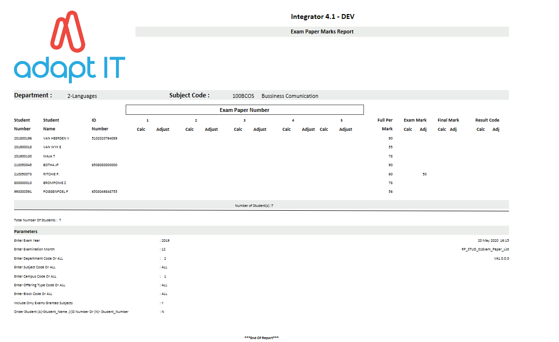 Example of Exam Paper List