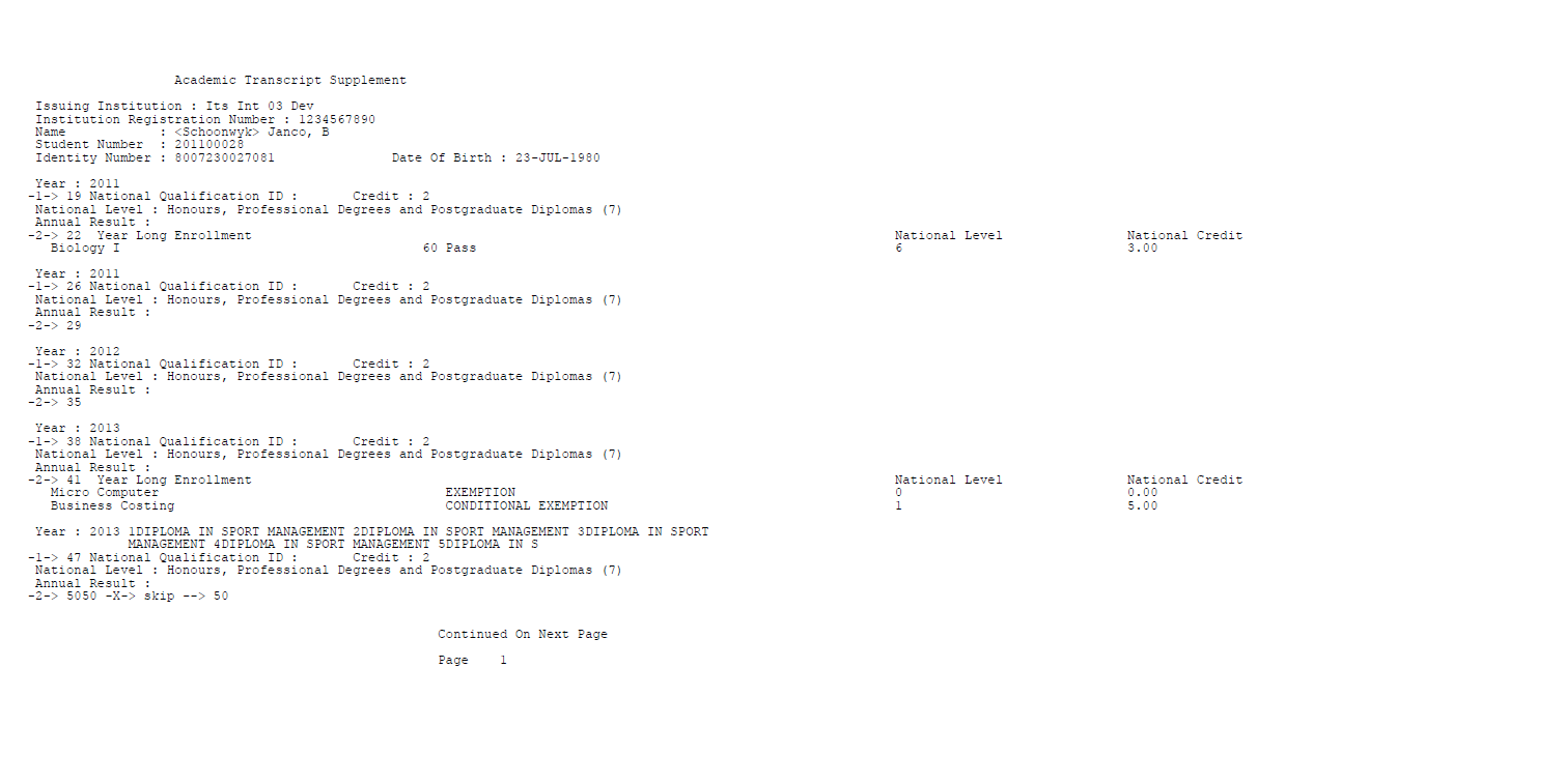 Academic Transcript Supplement Report